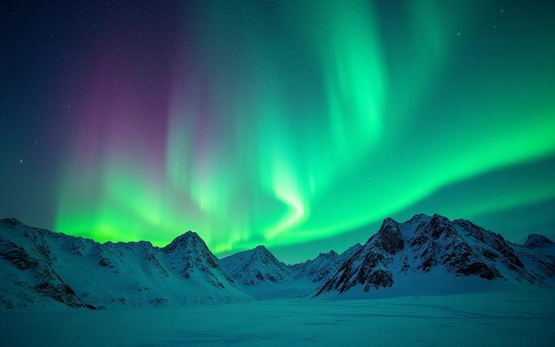 Северное сияние над заснеженными горами